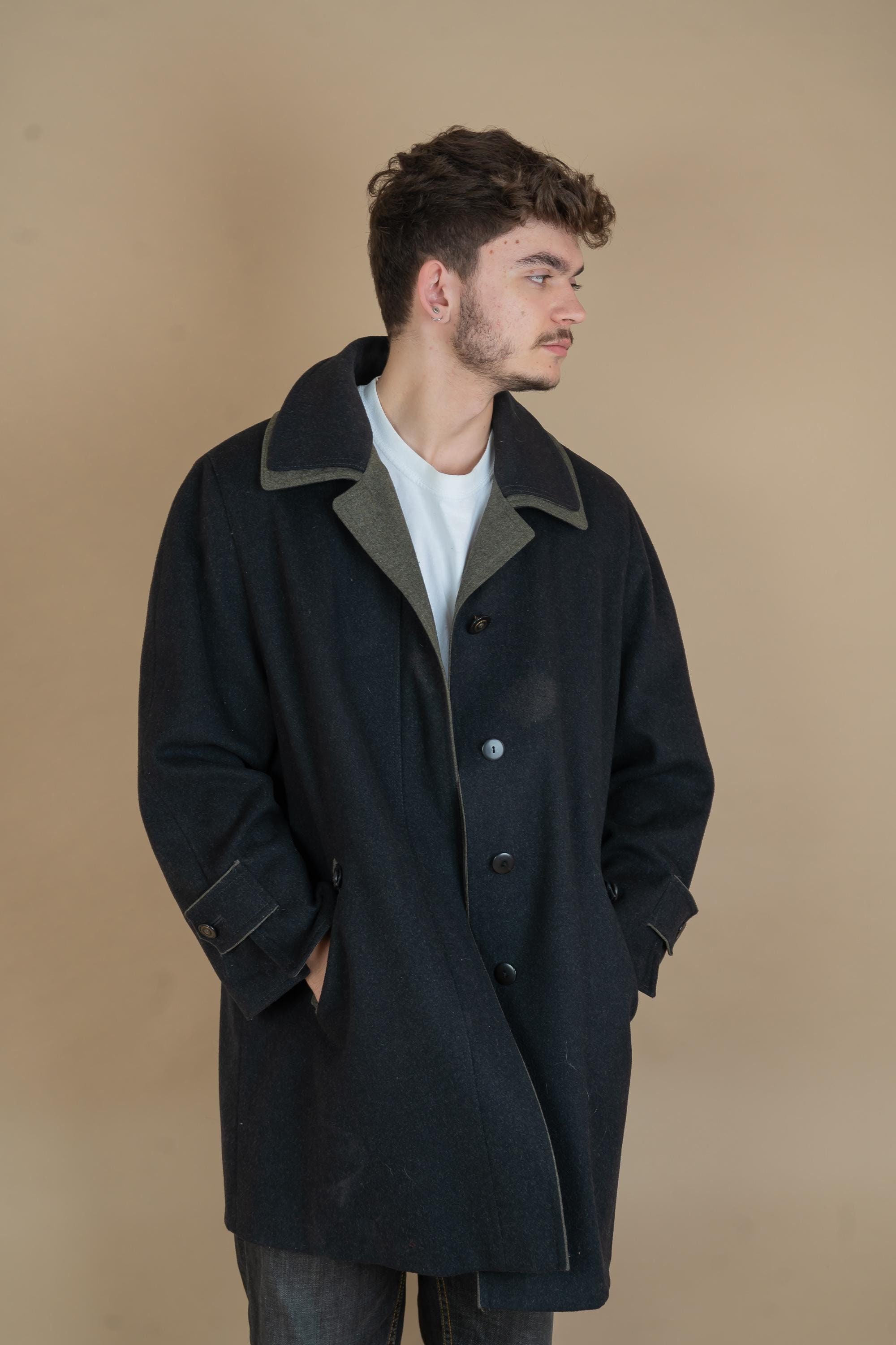 Vintage Wool Loden Coat Oversized Gray 80s 90s Brown Hem 100