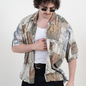 Vintage 80s Abstract Pattern Shirt Men XXL | Oversized Retro | Earth Tone Patchwork Streetwear Summer