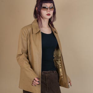 vintage leather jacket beige minimalist genuine leather jacket woman Size M 80s 90s