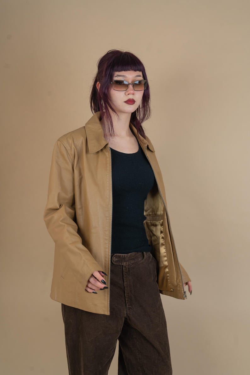 vintage leather jacket beige minimalist genuine leather jacket woman Size M 80s 90s