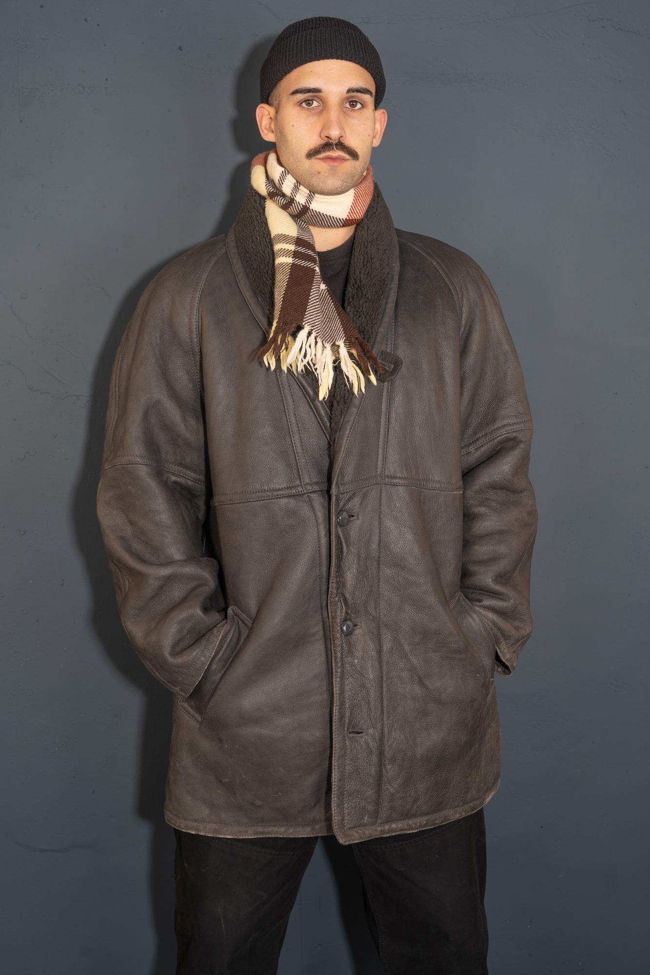 Vintage Leather Coat Suede Parka Velor Beige Wool Teddy Fur Hem