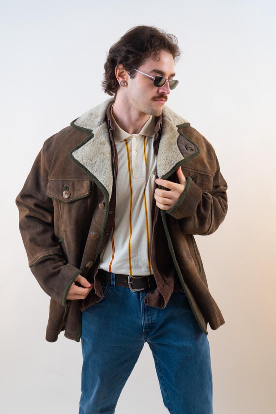 80s Vintage suede Leather shearling Jacket - vintage size 50 EU XL, wool lining
