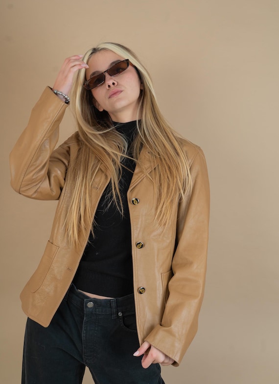 Vintage Beige Leather Jacket Blazer Oversized Brown 80s 90s Size M