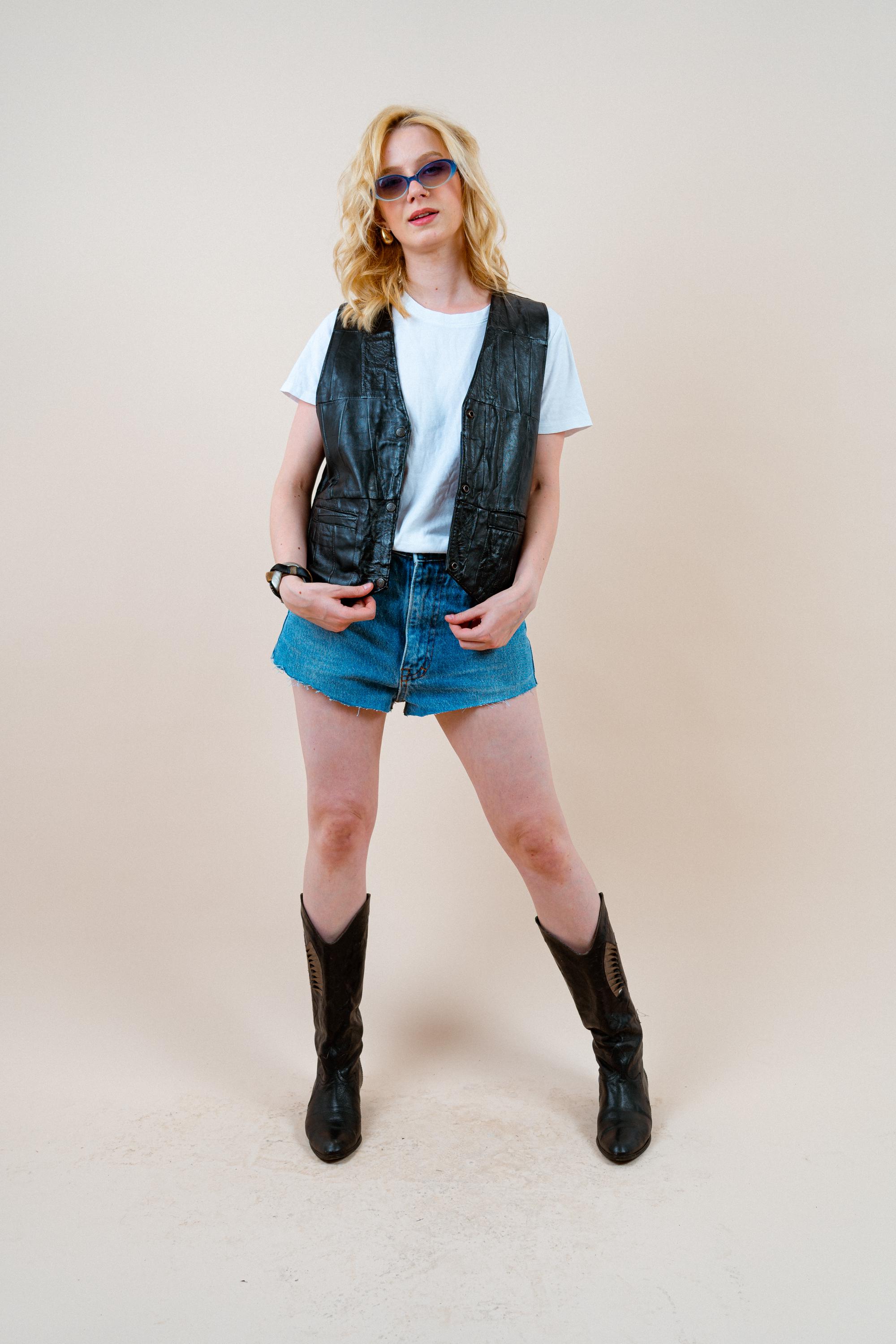 80s Vintage Leather Vest – Black Button-up, Size M – Grunge & Y2K 