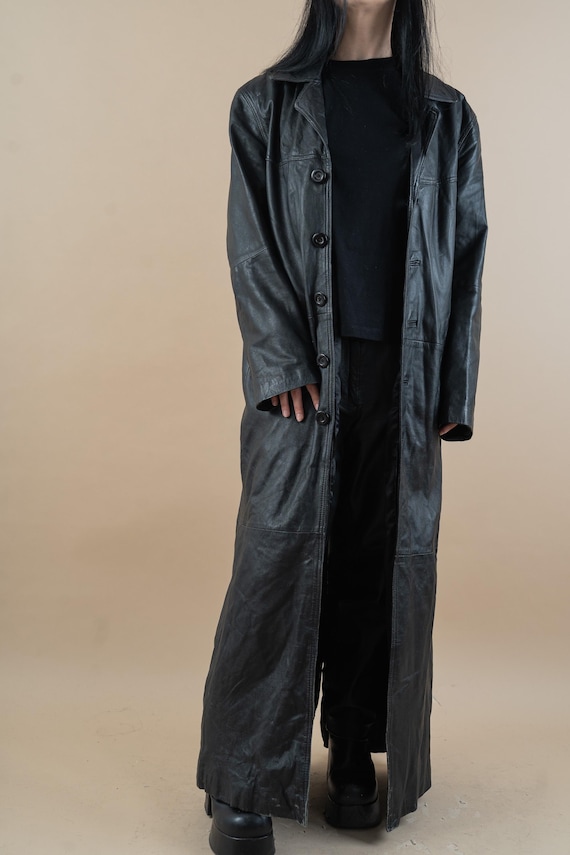 Vintage Leather Coat Overcoat Black Genuine Soft Leather Jacket