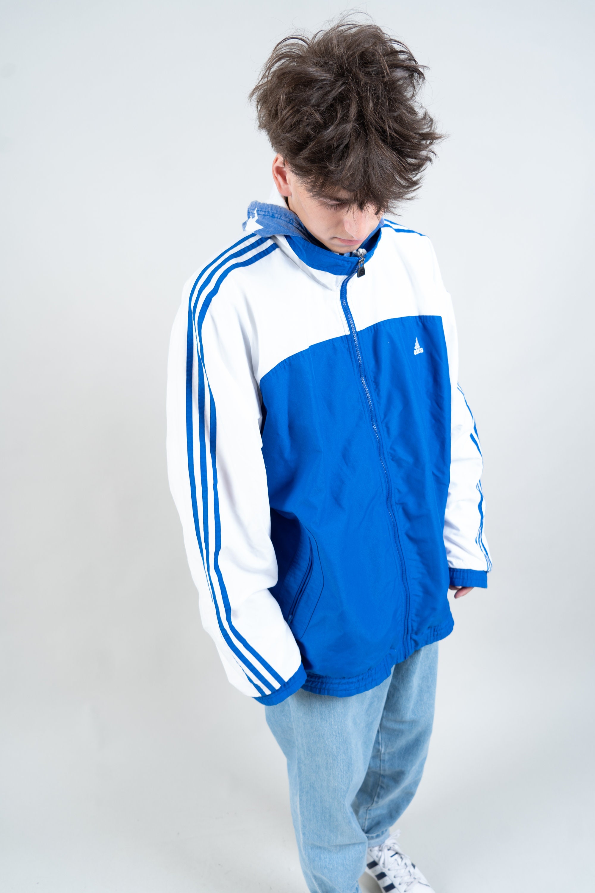 Vintage Adidas Blue and White Windbreaker Jacket Size XL 80s