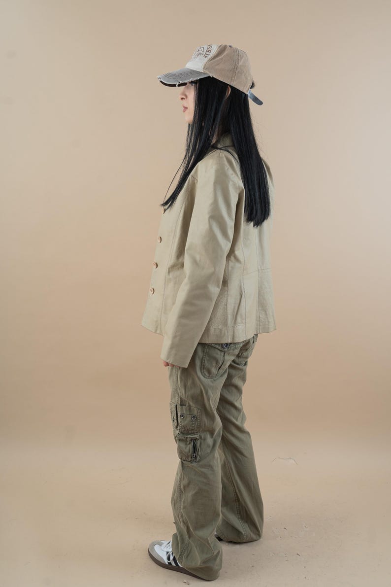 vintage leather jacket beige minimalist genuine leather jacket woman Size M 80s 90s