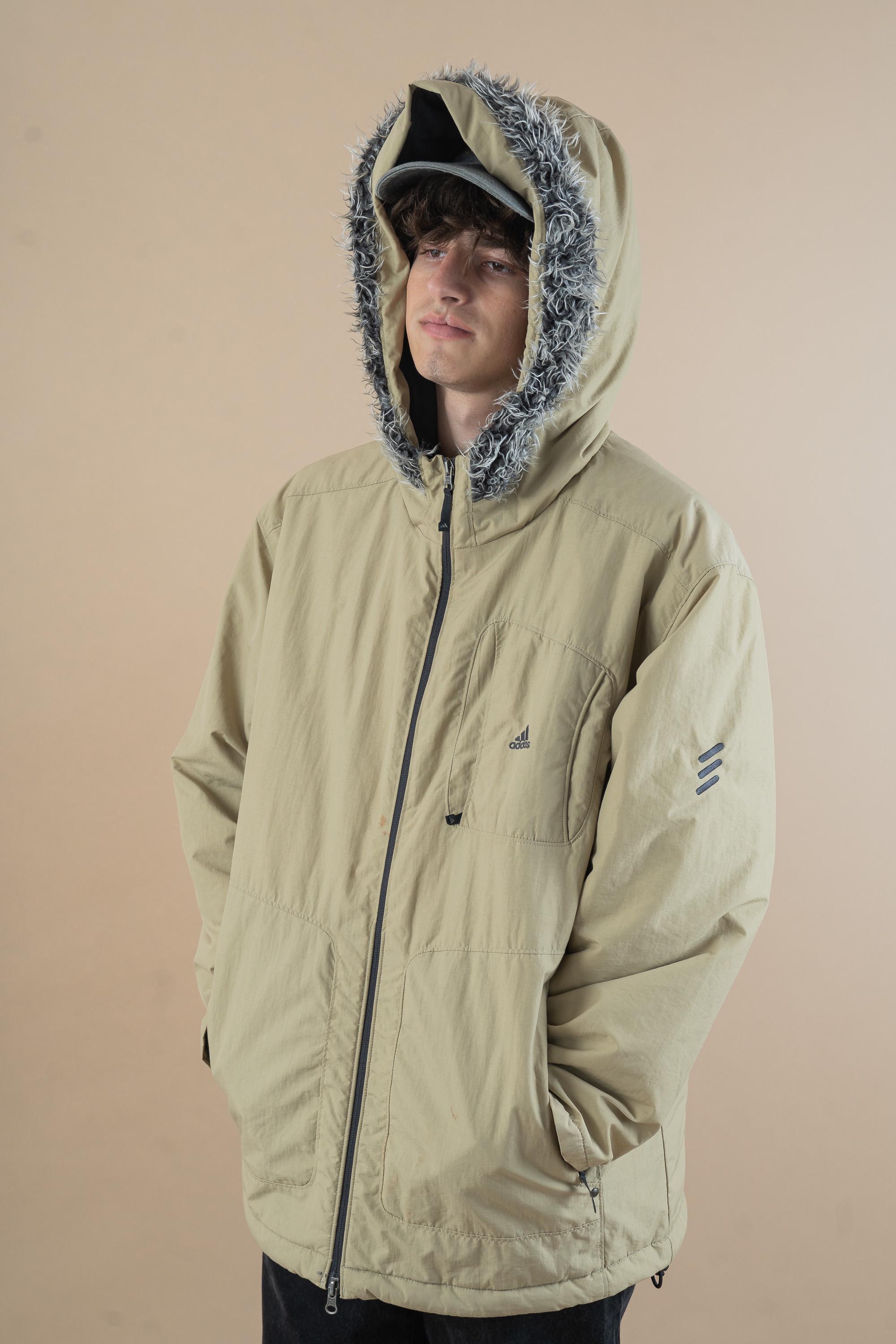 Vintage Y2k Adidas Puffer Jacket Cream Beige Fur Hoodie Size L