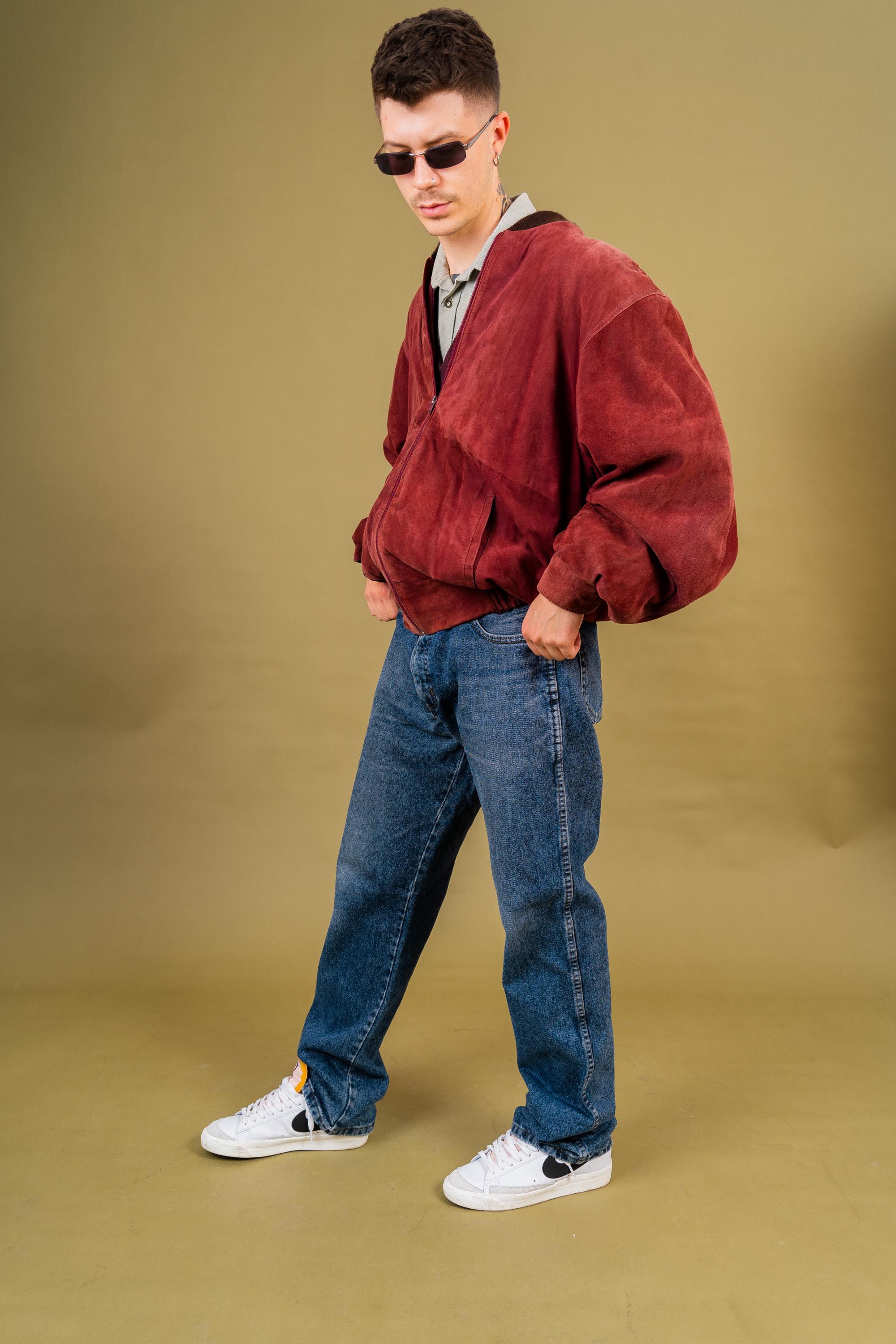 Vintage Red Suede Leather Bomber Jacket | Retro Stylish Outerwear