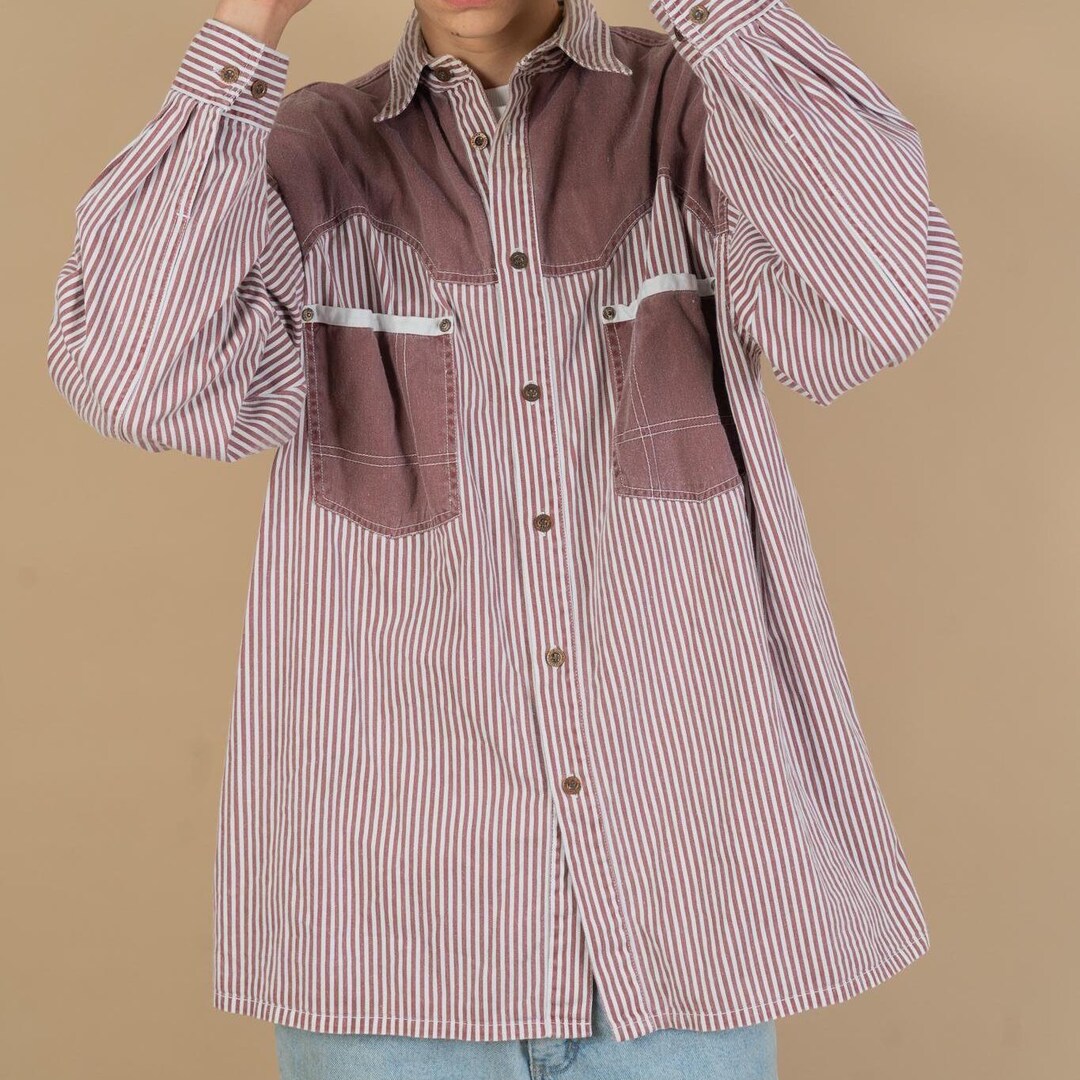 White And Raspberry Color Shirt Vintage Striped Shirt White and Raspberry Red Longsleeve Pockets Size L ...