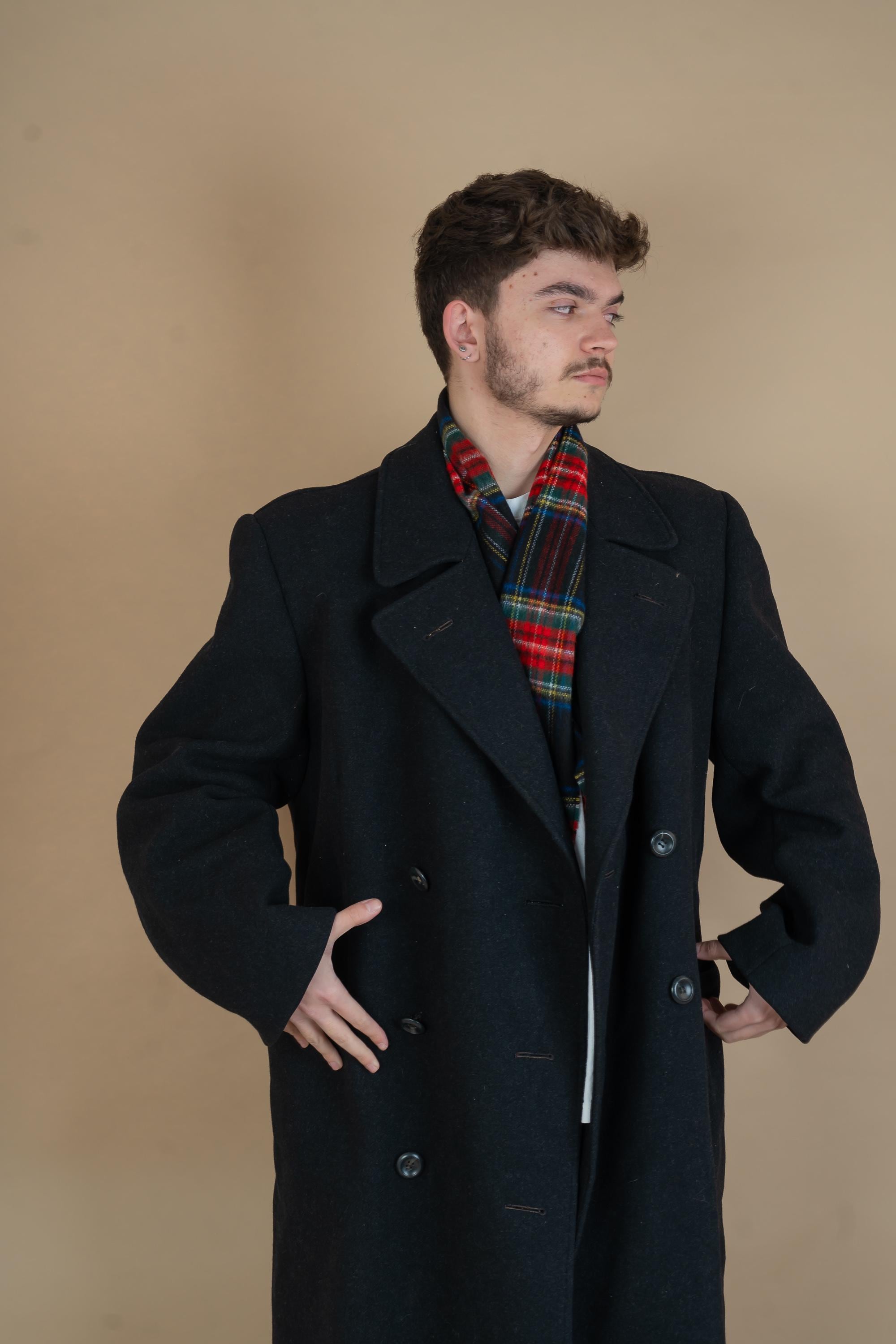 90s Vintage Black Loden Wool Coat, Mens European Overcoat, Size