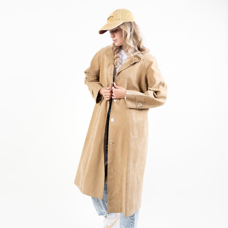 Vintage leather coat beige suede leather soft leather coat minimalist oversized button up gender neutral y2k 90s aesthetic second hand image 6
