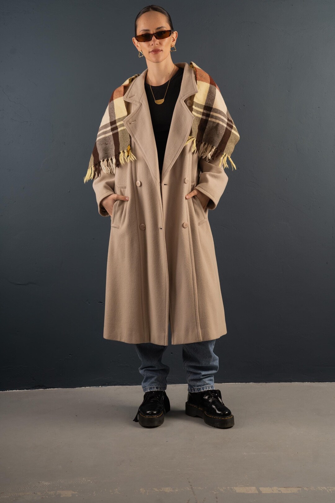Vintage Wool Blend Trench Coat Beige Size L Oversized Beige Cream