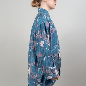 Vintage printed shirt blue crazy pattern oversized hard cotton gender neutral 80s image 5