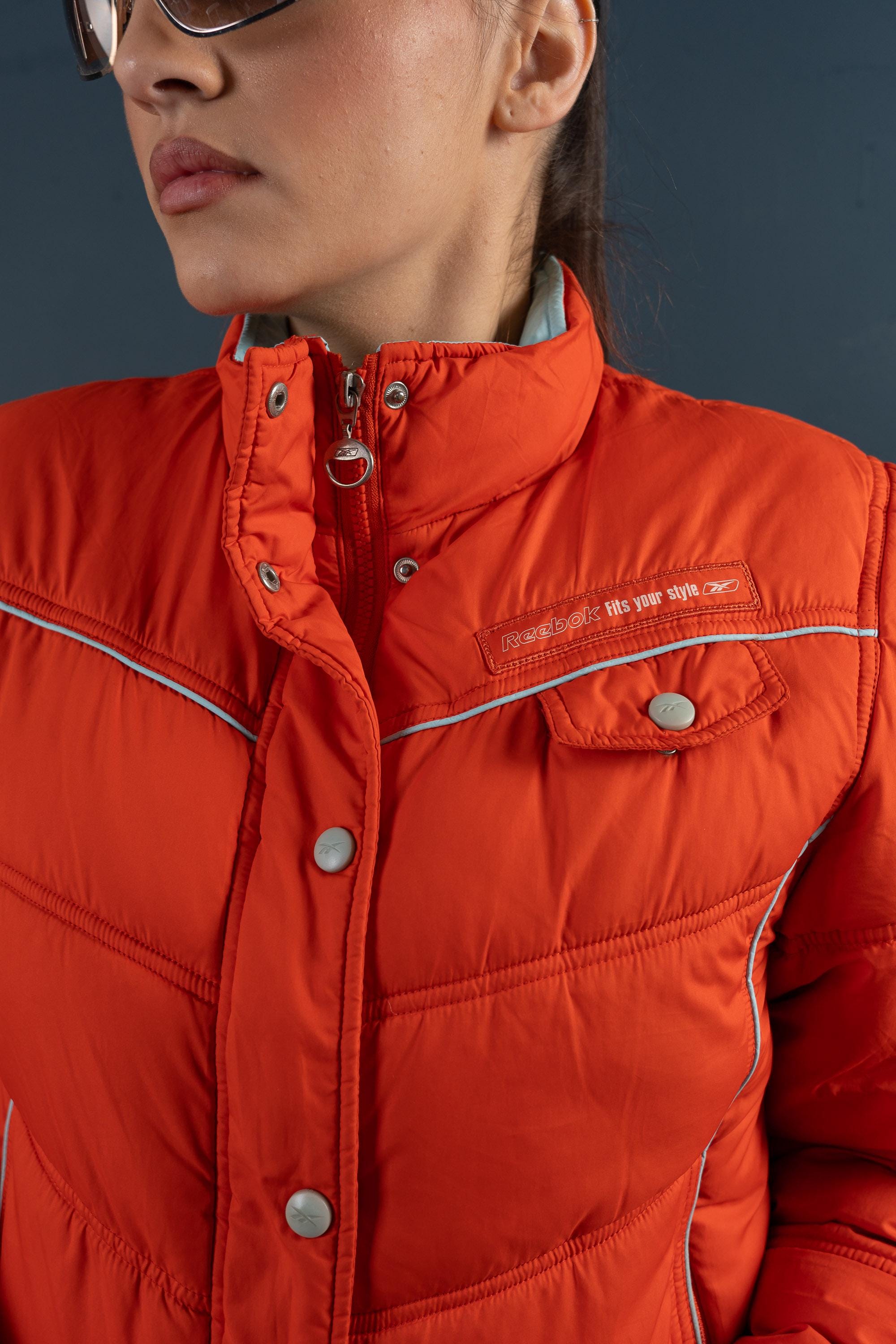 Vintage Reebok Puffer Jacket Cropped Parka 100% Down Jacket Orange 