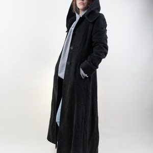 Vintage wool trench coat black hooded Size S / Meter 80s 90s image 7