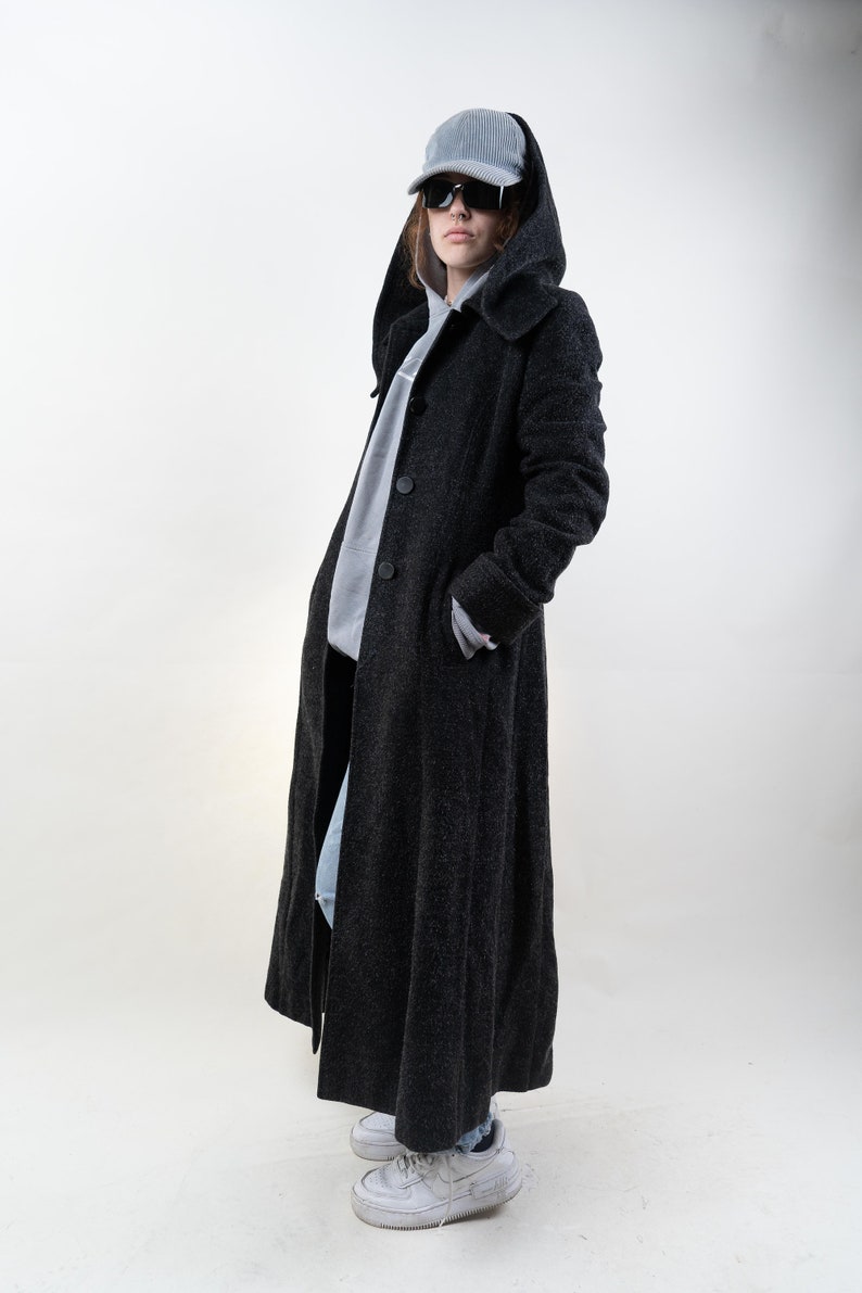 Vintage wool trench coat black hooded Size S / M 80s 90s 画像 7