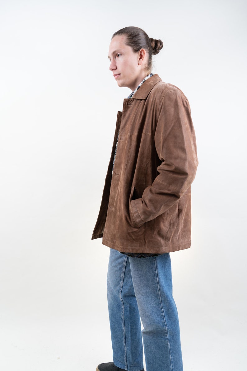 80s vintage leather jacket casual basic minimalist brown beige jacket velor leather jacket Size M gender neutral second hand clothing y2k image 6