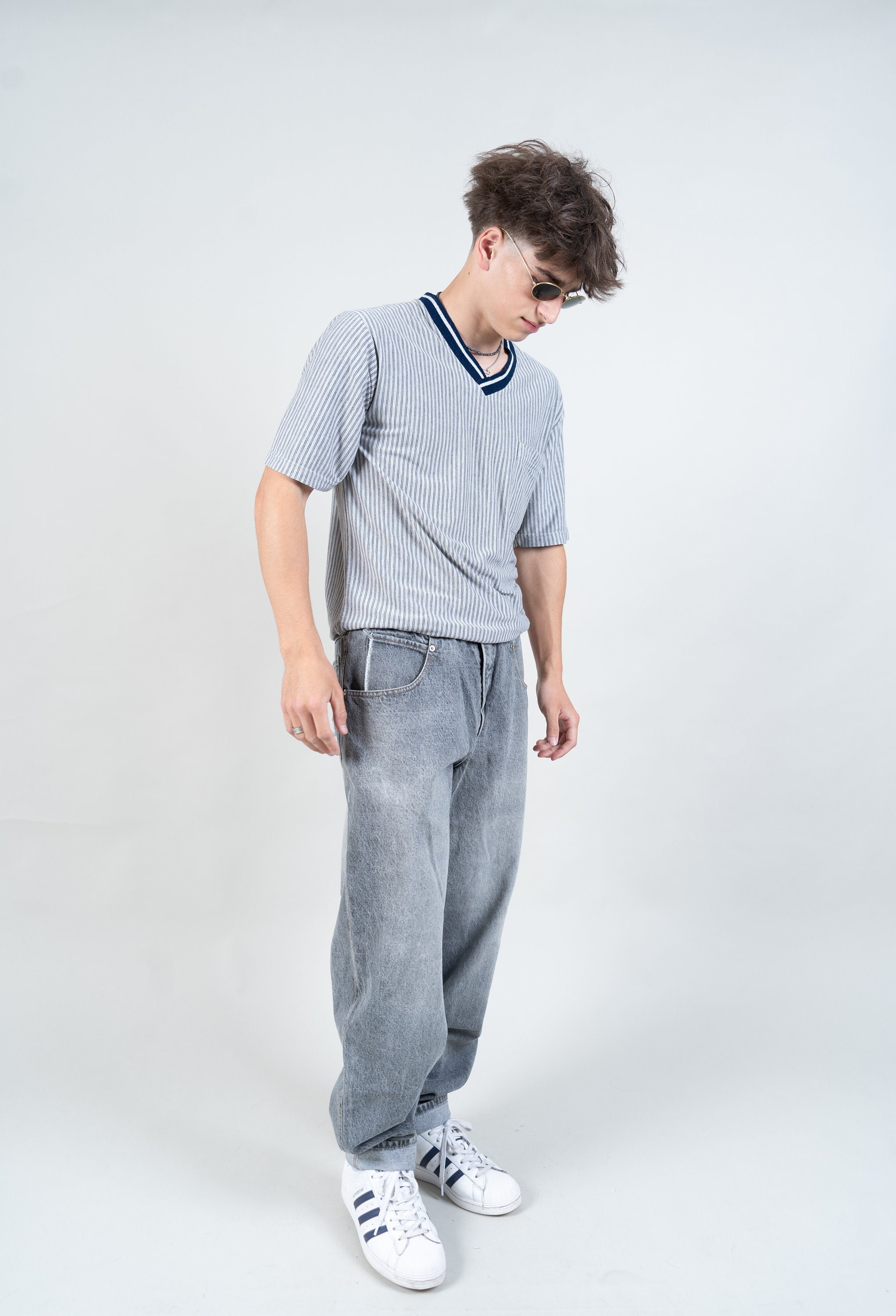 【2plan】Greece vintage washed denim pants Women's Vintage 90s Grunge Low Rise Light Wash Denim High