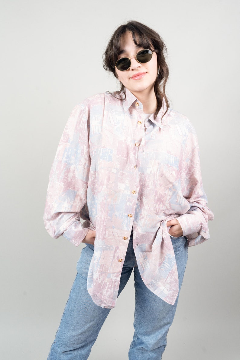 vintage shirt printed shirt pastel abstract pattern cotton Size L 80s 90s image 2