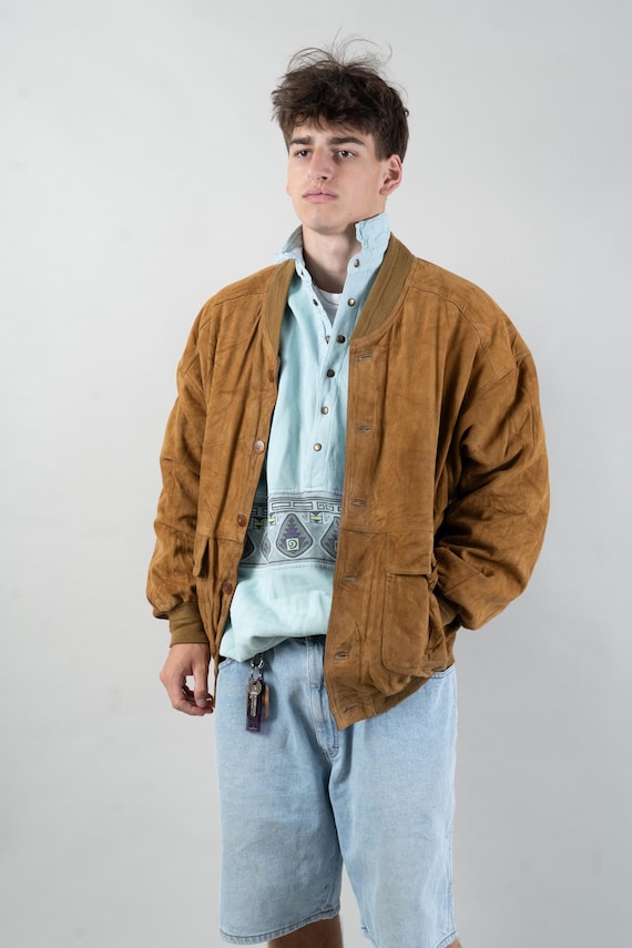 Vintage Suede Leather Bomber Jacket Beige Brown Size L - XL Vintage Suede Leather Bomber Jacket Beige Brown Size L - XL