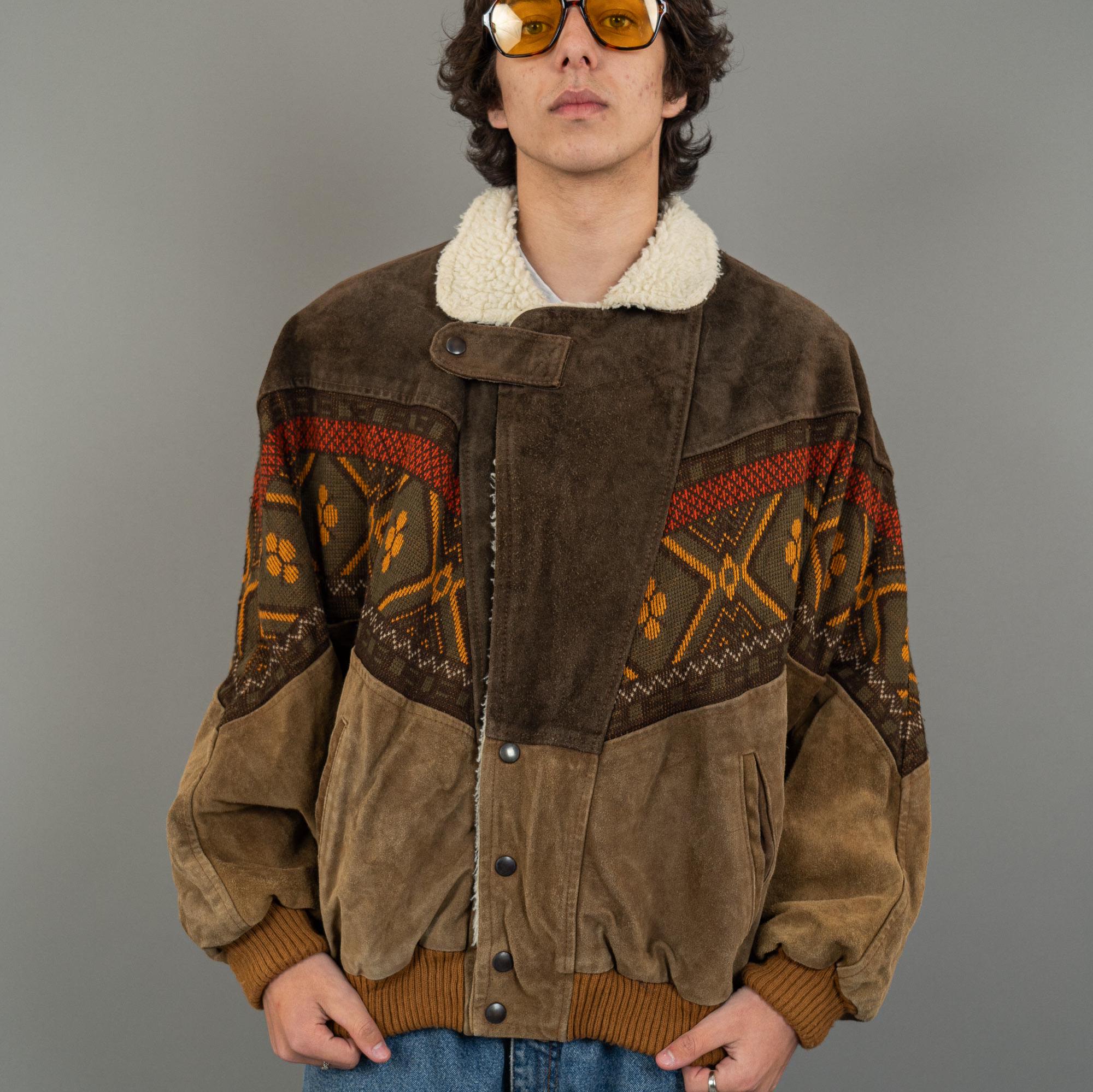 Vintage Aztec Sherpa Bomber Jacket Suede Leather Man XL Woman