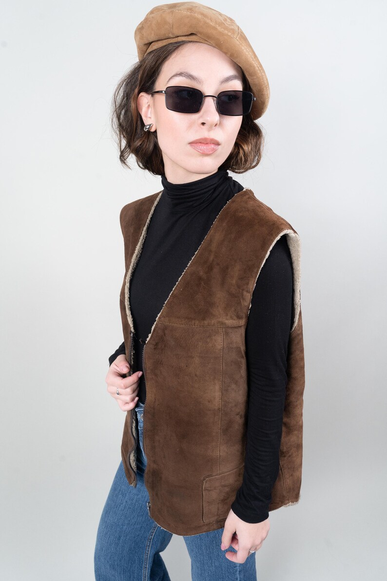 vintage shepherd vest leather wool suede one size crazy pattern navajo 80s 90s imagem 10