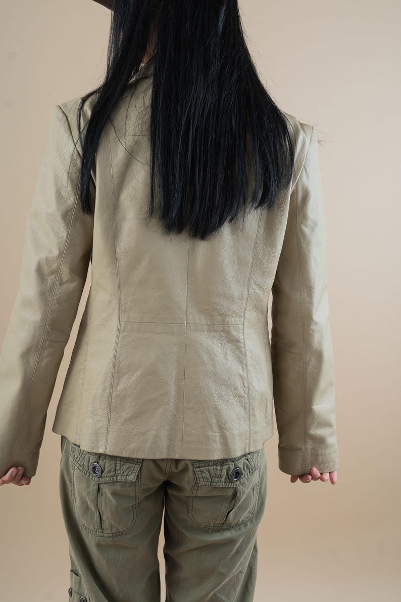 vintage leather jacket beige minimalist genuine leather jacket woman Size M 80s 90s