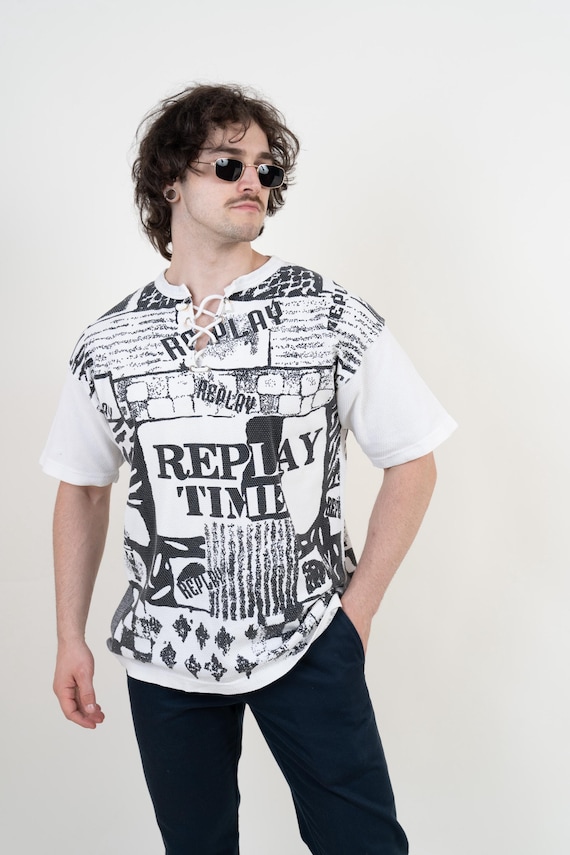 Replay, Vintage Replay Shirt EU L 80s Graphic Print Frottee Schnürung Weiß Schwarz Baumwolle