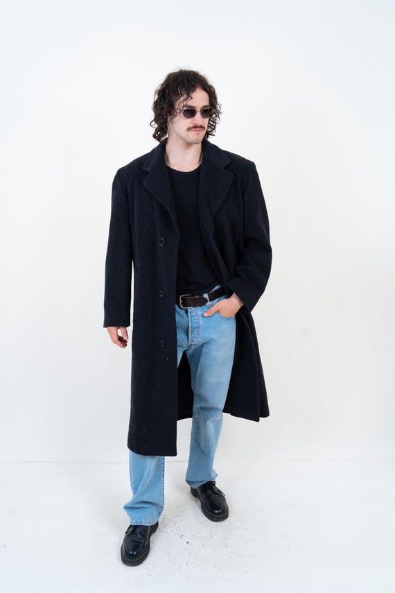 Vintage Hugo Boss Lodenmantel XXL, 90er Jahre Oversize Wolle Mantel Anthrazit Schwarz Trenchcoat