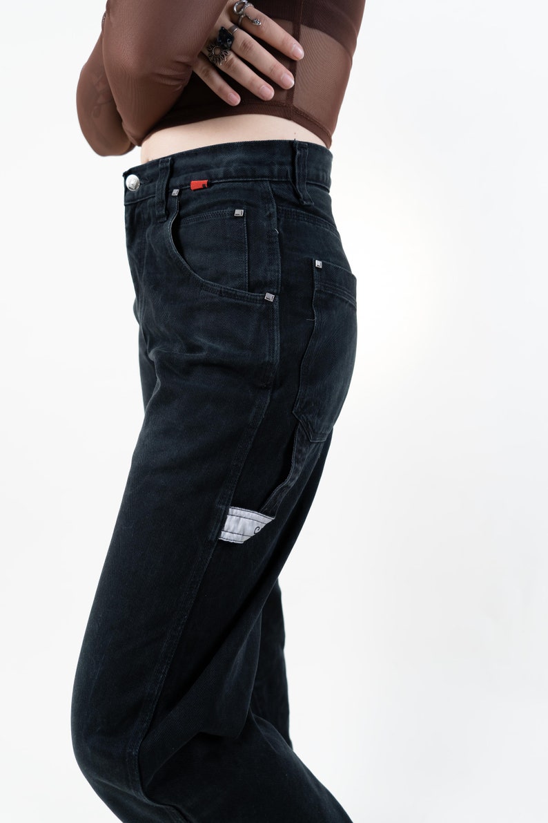 Vintage cargo denim pants black with pockets high waist Size S 80s 90s image 3