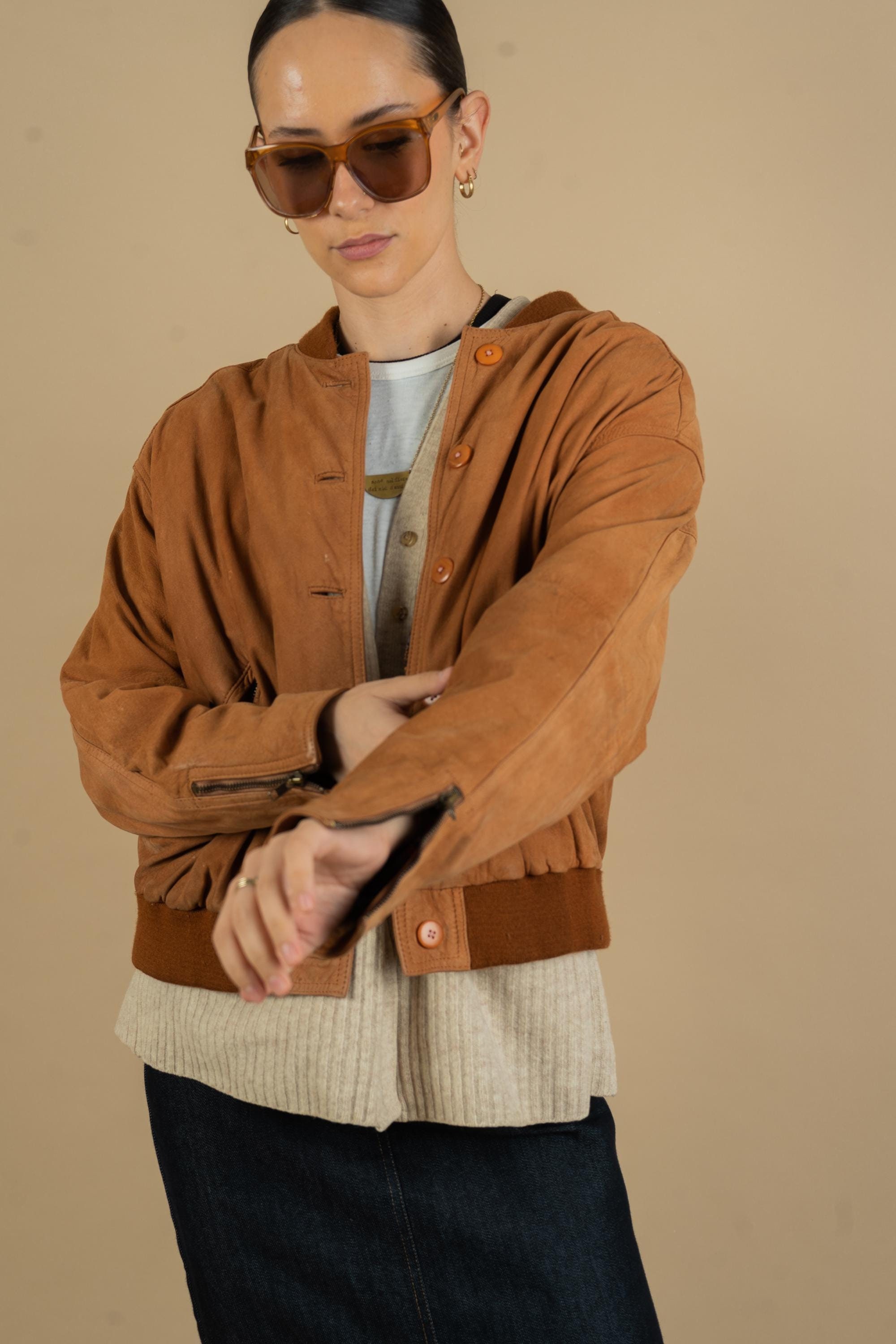 Vintage Suede Leather Bomber Jacket Brown Size M 80s 90s