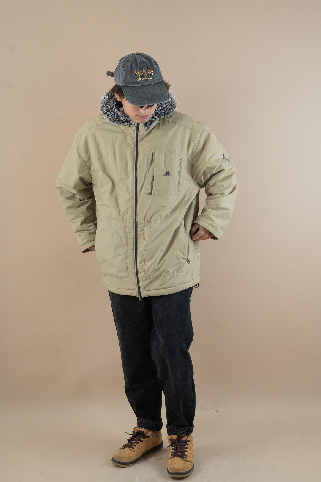 Vintage Y2k Adidas Puffer Jacket Cream Beige Fur Hoodie Size L