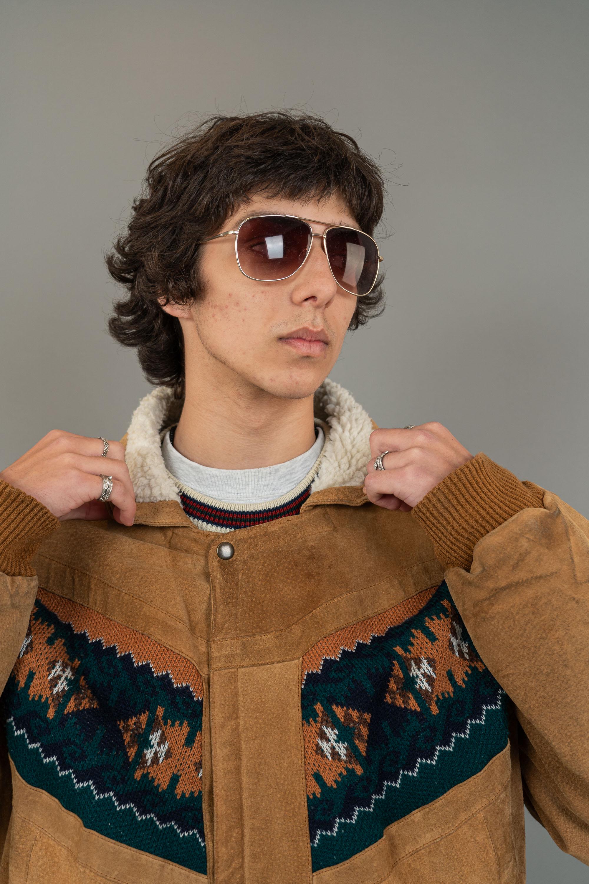 Vintage Aztec Sherpa Bomber Jacket Suede Leather Man XXL Woman