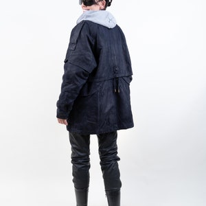 Vintage leather coat suede parka navy blue Size L oversized 80s image 5
