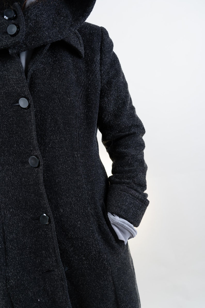 Vintage wool trench coat black hooded Size S / M 80s 90s 画像 2