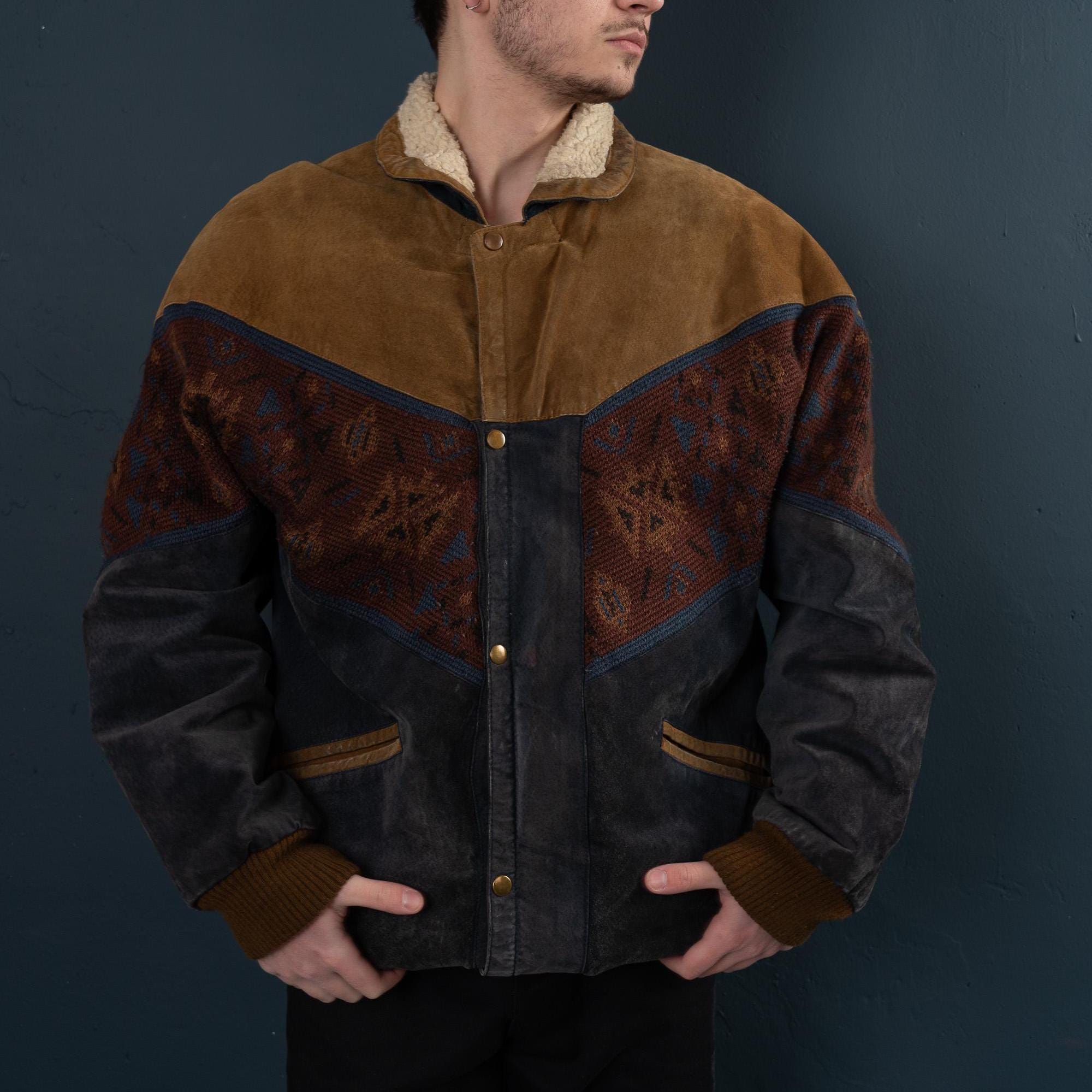 Vintage Aztec Sherpa Bomber Jacket Suede Leather Man XL Woman