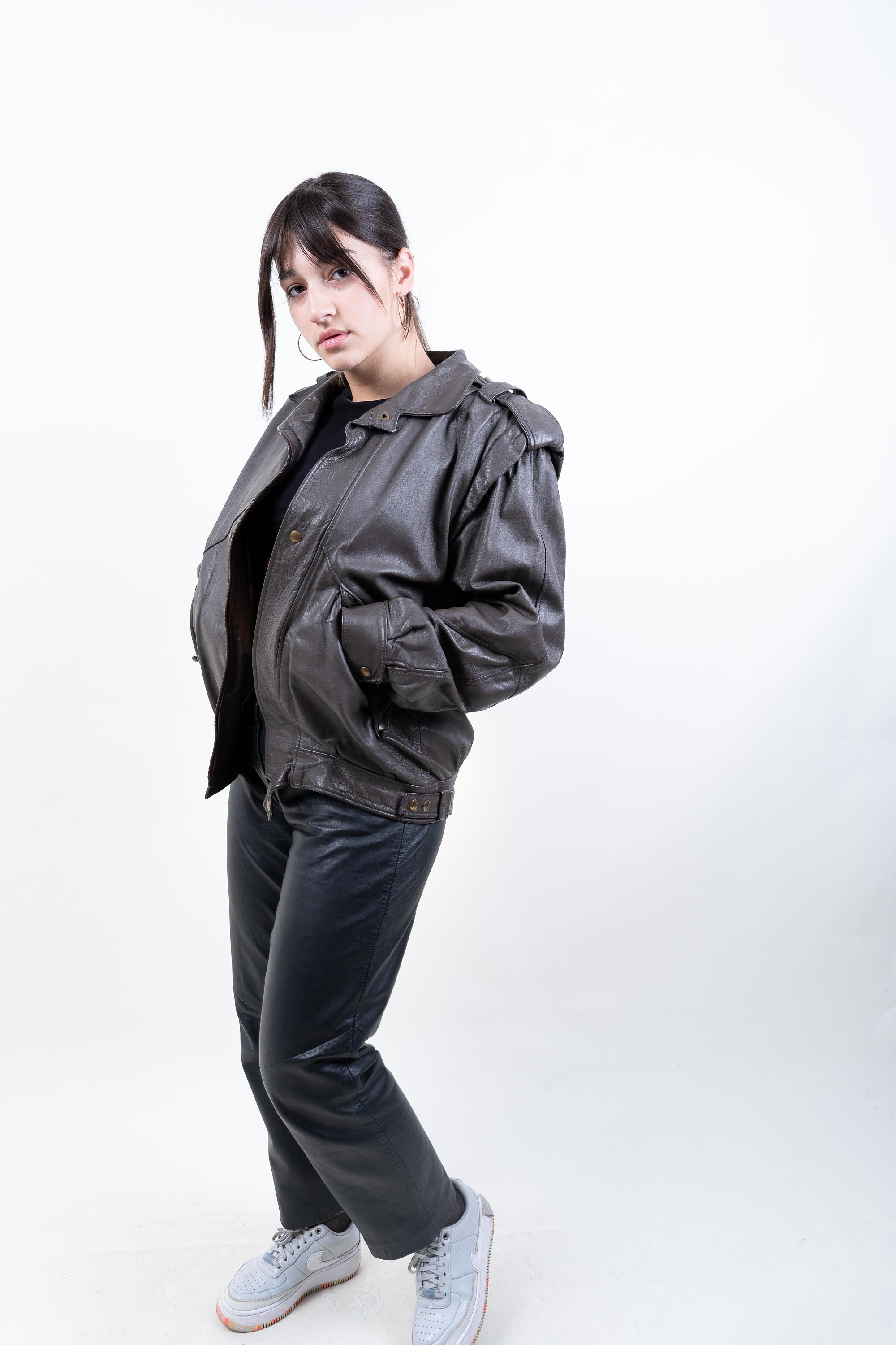 80s Vintage Leather Biker Jacket Brown Cropped Waisted Moto Jacket
