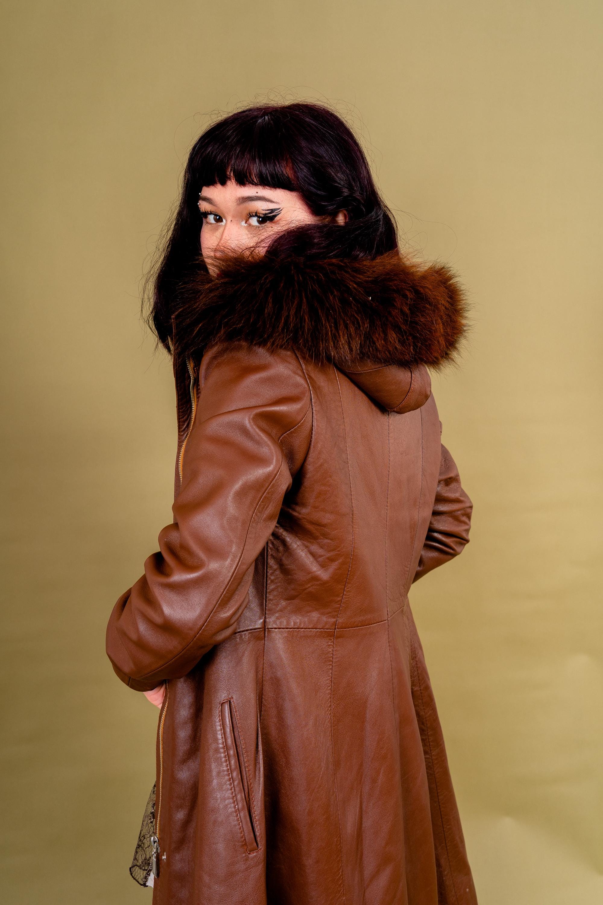 Vintage Y2K Brown Leather Coat With Fur Hoodie – Wasted Fit, Size