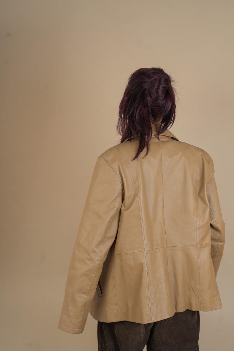 vintage leather jacket beige minimalist genuine leather jacket woman Size M 80s 90s