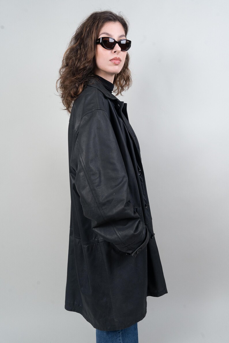Vintage camel leather coat black lined minimalist Size XL 52 80s 90s soft goat leather image 9
