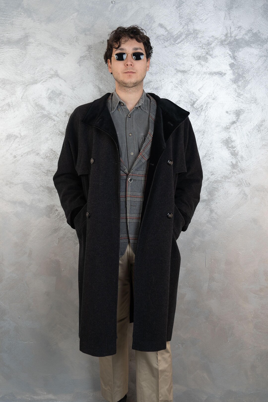 90s Vintage Black Loden Wool Coat European Overcoat, Size Large