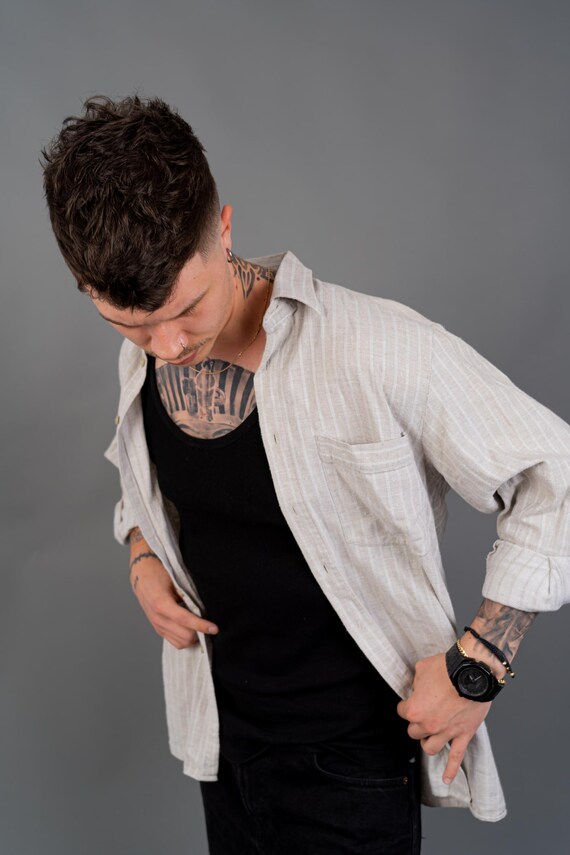 90s Vintage Button Up Shirt | Beige Gray | Size XXL | Hard Cotton Men's Casual Summer Shirt