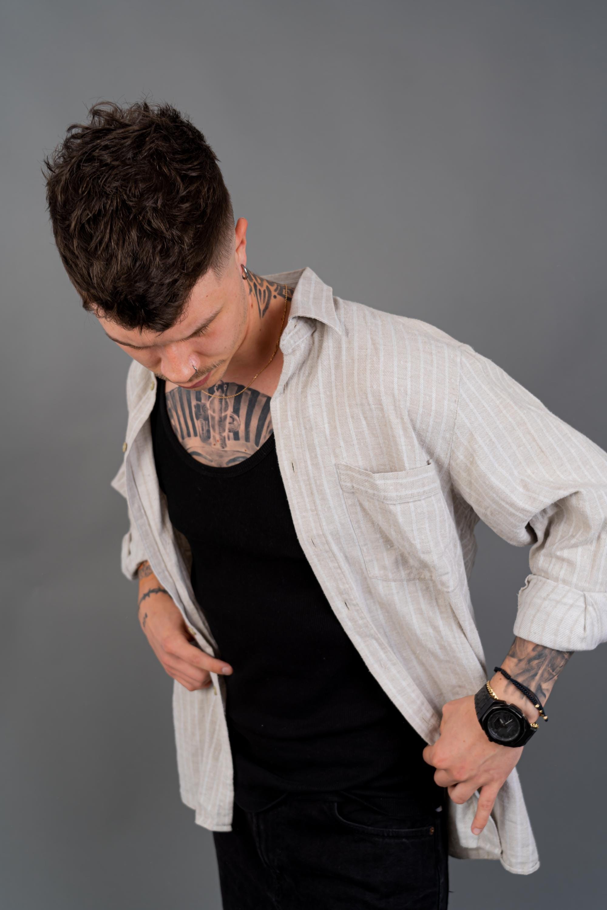 90s Vintage Button up Shirt | Beige Gray | Size XXL | Hard Cotton Men's Casual Summer Shirt