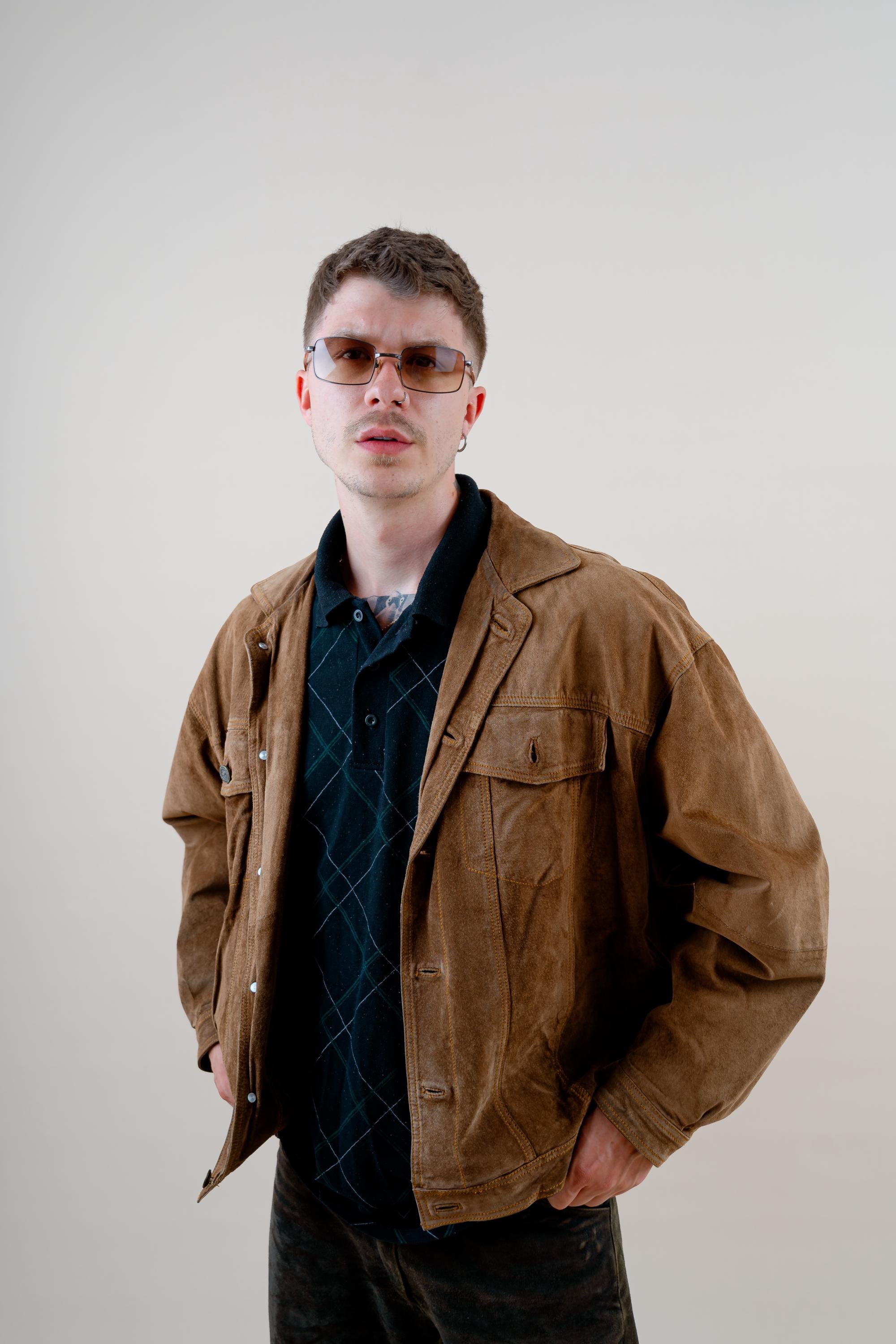 Vintage Suede Leather Bomber Jacket Beige Brown Size M 80s 90s