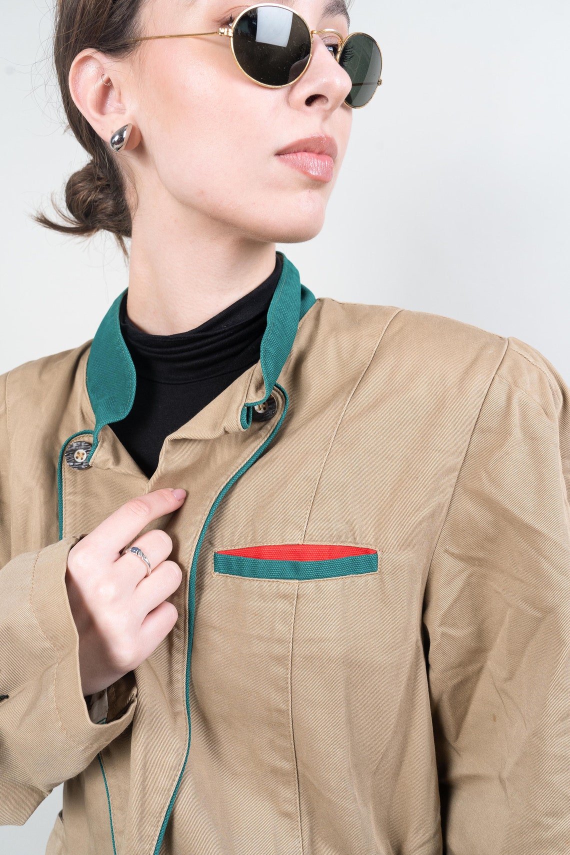 Oversized vintage blazer cotton blazer cream patches 80s, foto 4 di 5