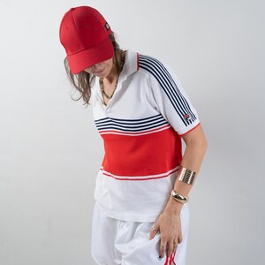vintage Fila polo shirt 80s white and blue red striped pattern Size S cotton unisex gender neutral nona, nona clothing, vintage,  vintage online shop, gender neutral, vintage for men, vintage for woman, 80s aesthetics, 90s aesthetics, vintage berlin,