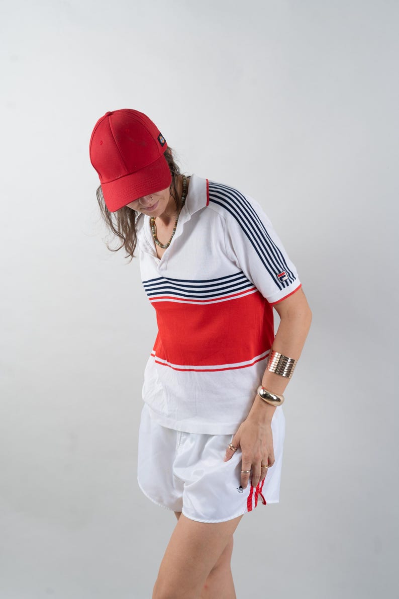 vintage Fila polo shirt 80s white and blue red striped pattern Size S cotton unisex gender neutral nona, nona clothing, vintage,  vintage online shop, gender neutral, vintage for men, vintage for woman, 80s aesthetics, 90s aesthetics, vintage berlin,