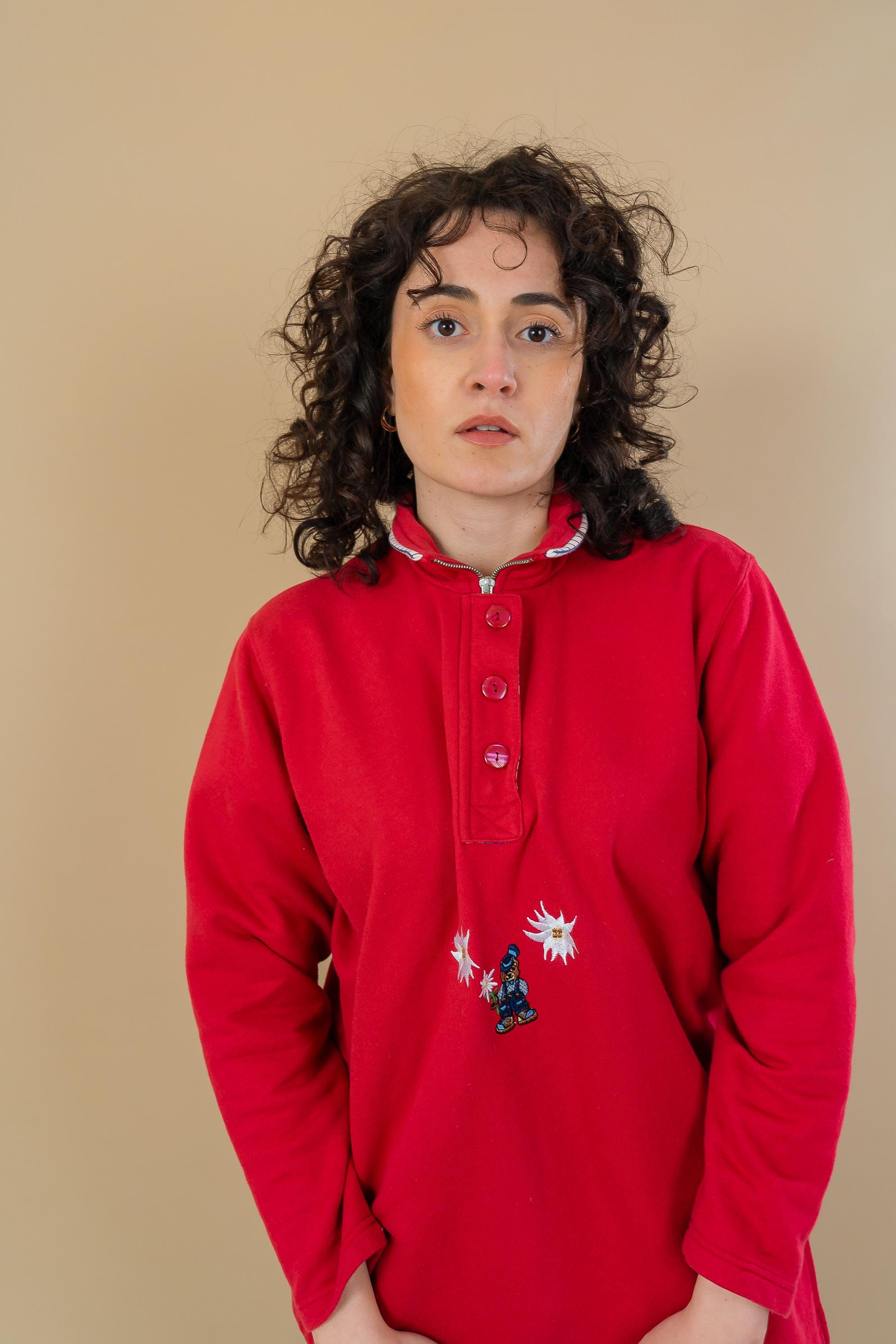Vintage 80s/90s Red Quarter Zip Jumper With Embroidered Edelweiss 