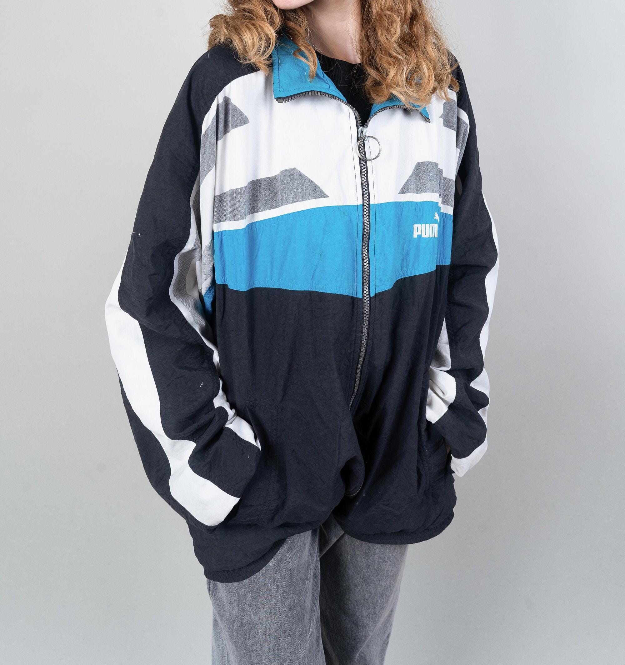 90s Vintage Black and White Puma Windbreaker Jacket Sport